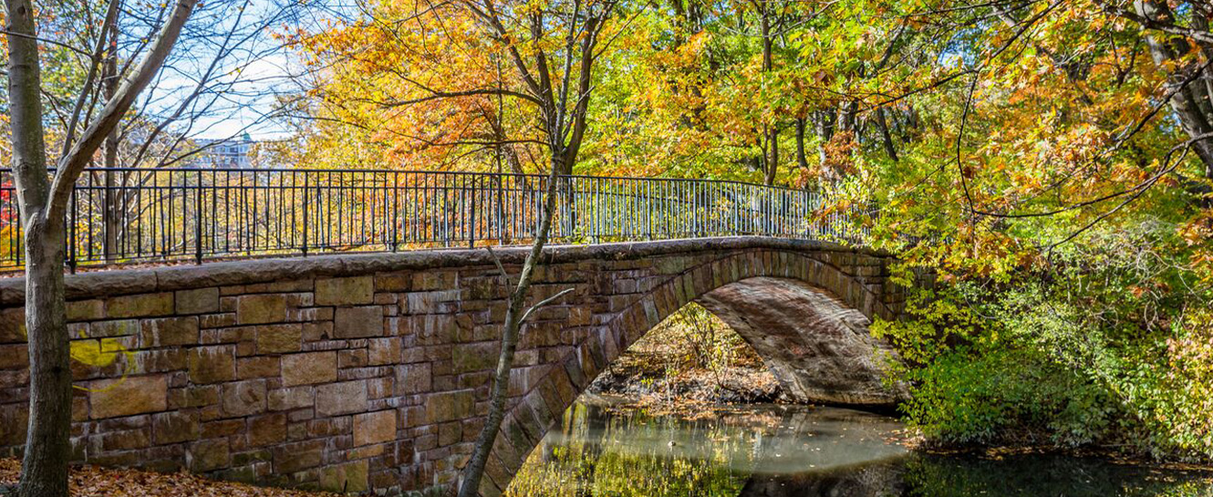Stone bridge over water in Autumn in Boston.